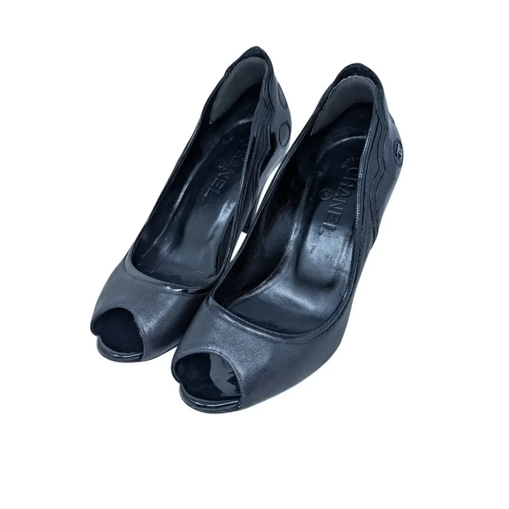 Chanel Black Leather Patent CC Logo Peep Toe Pumps Heels 36